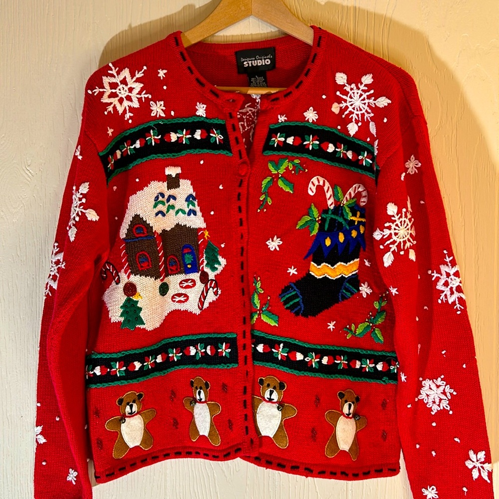 90s Ugly Christmas Sweater Gingerbread House Stockings Bears L
